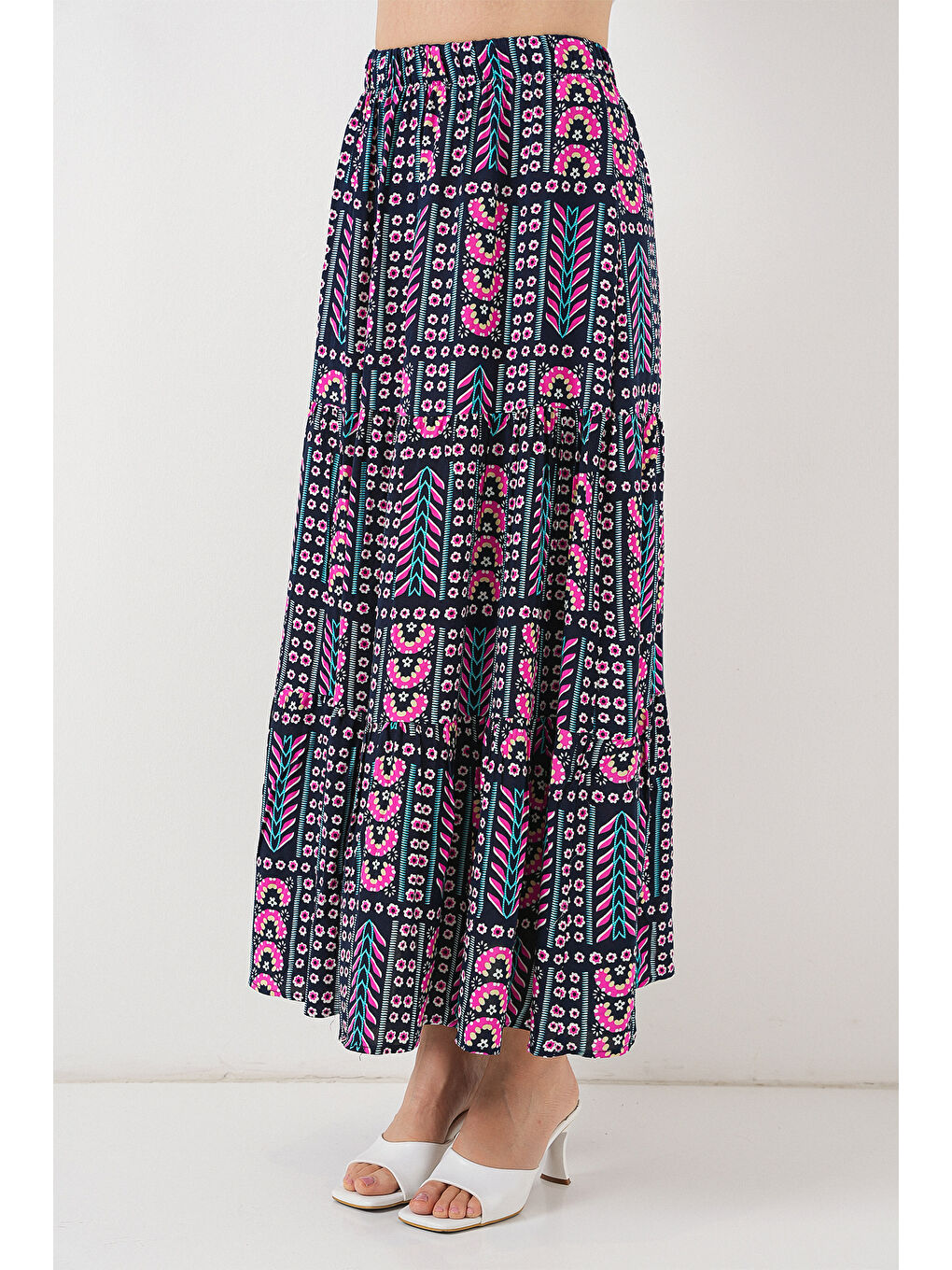 Kadın Desenli Uzun Etek 8053 - Lacivert-1