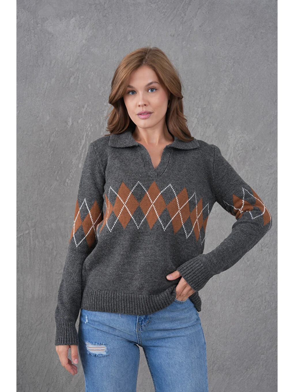 Antrasit Kadın Polo Yaka Desenli Yarım Pat Triko Kazak-3