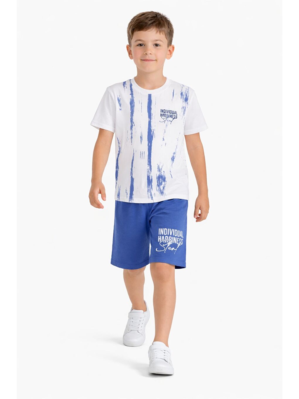 Koyu Mavi Desenli Tişörtlü Erkek Çocuk Yazı Baskılı Şortlu Takım 23789-2
