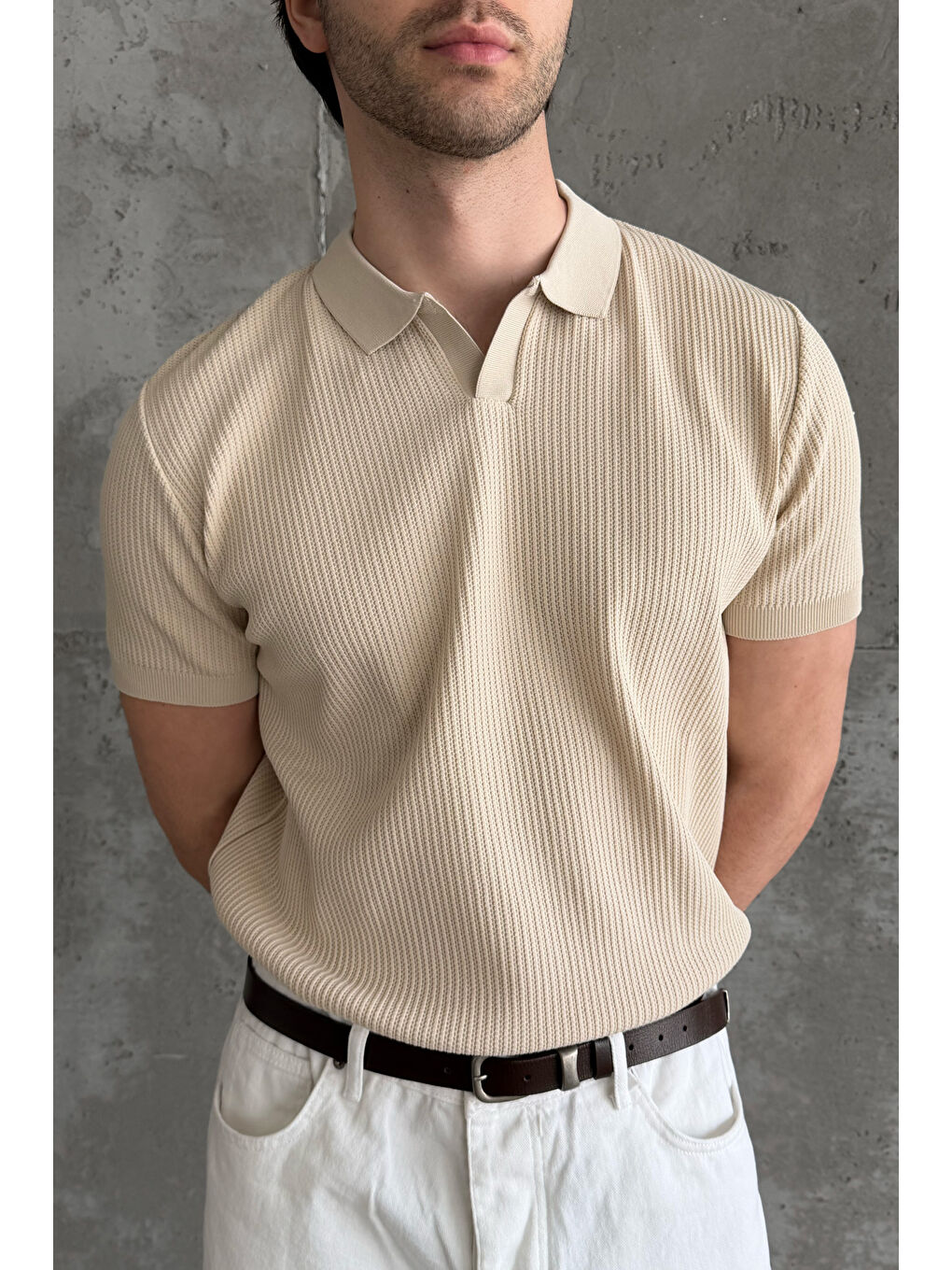 Bej Erkek Petek Desen Polo Yaka Triko T-shirt-1