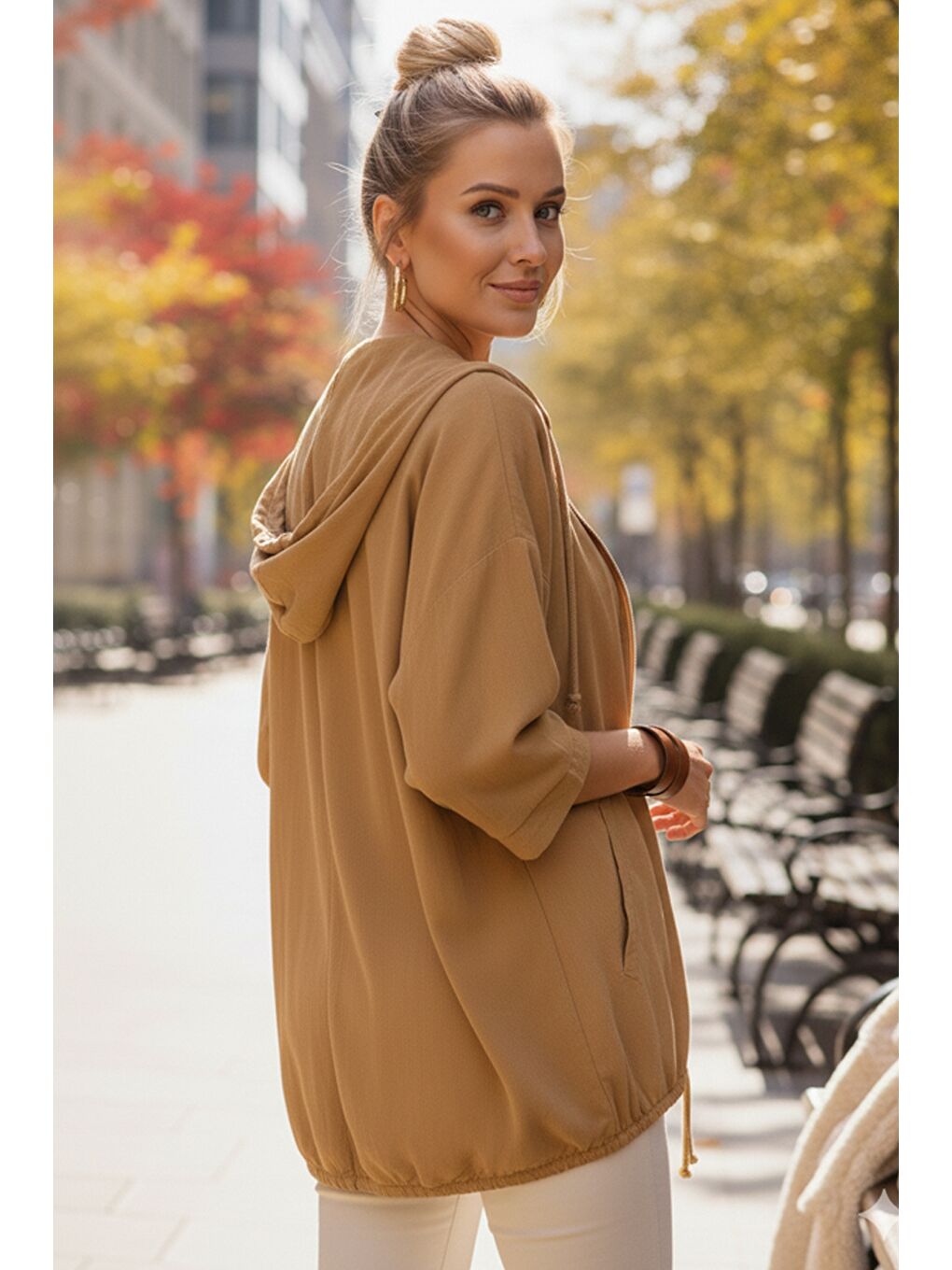 Sarı İtalyan Hardal Rengi Kapüşonlu 3/4 Kol Fermuarlı Cepli Casual Pamuklu Dokuma Ceket 70 70-7