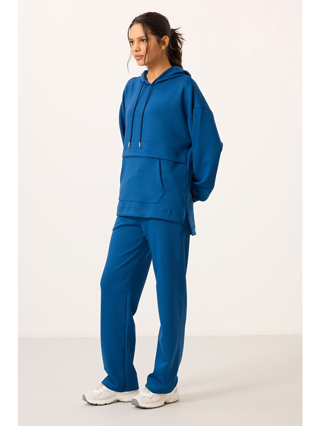 Mavi Parlament Yumuşak Dokulu Kapüşonlu Oversize Kadın Eşofman Tunik Takım   95348-2