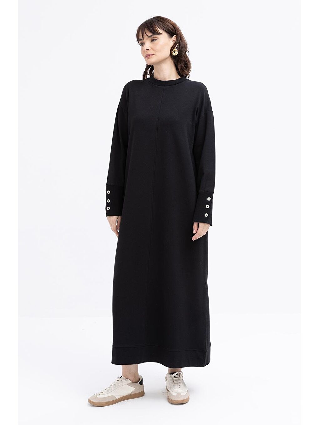 Siyah Manşeti Kalın Ribanalı Düğme Detaylı Elastanlı Elbise-1