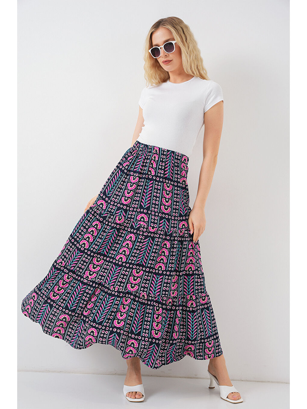 Kadın Desenli Uzun Etek 8053 - Lacivert-2
