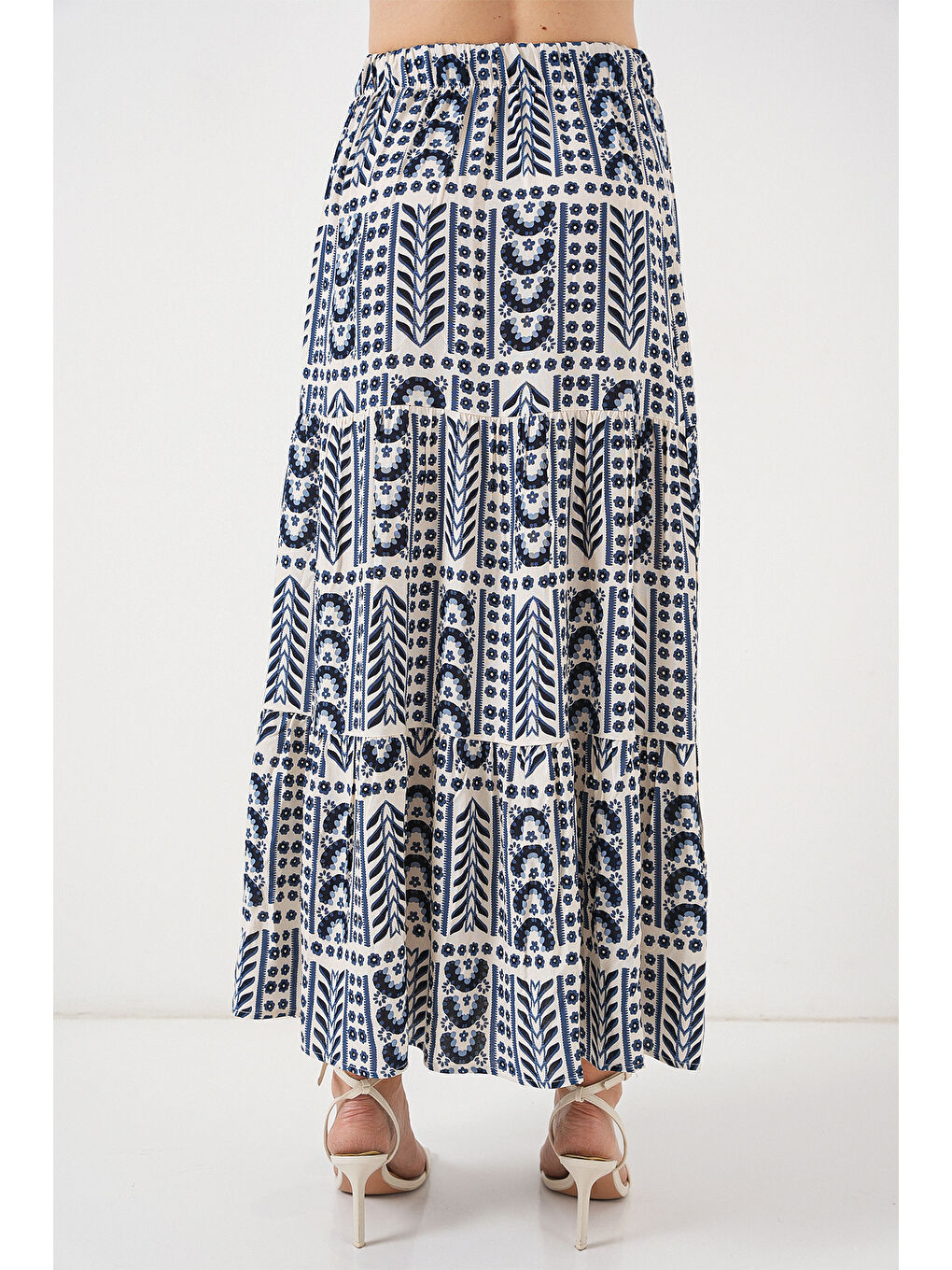 Ekru Kadın Desenli Uzun Etek 8053 - Krem-5