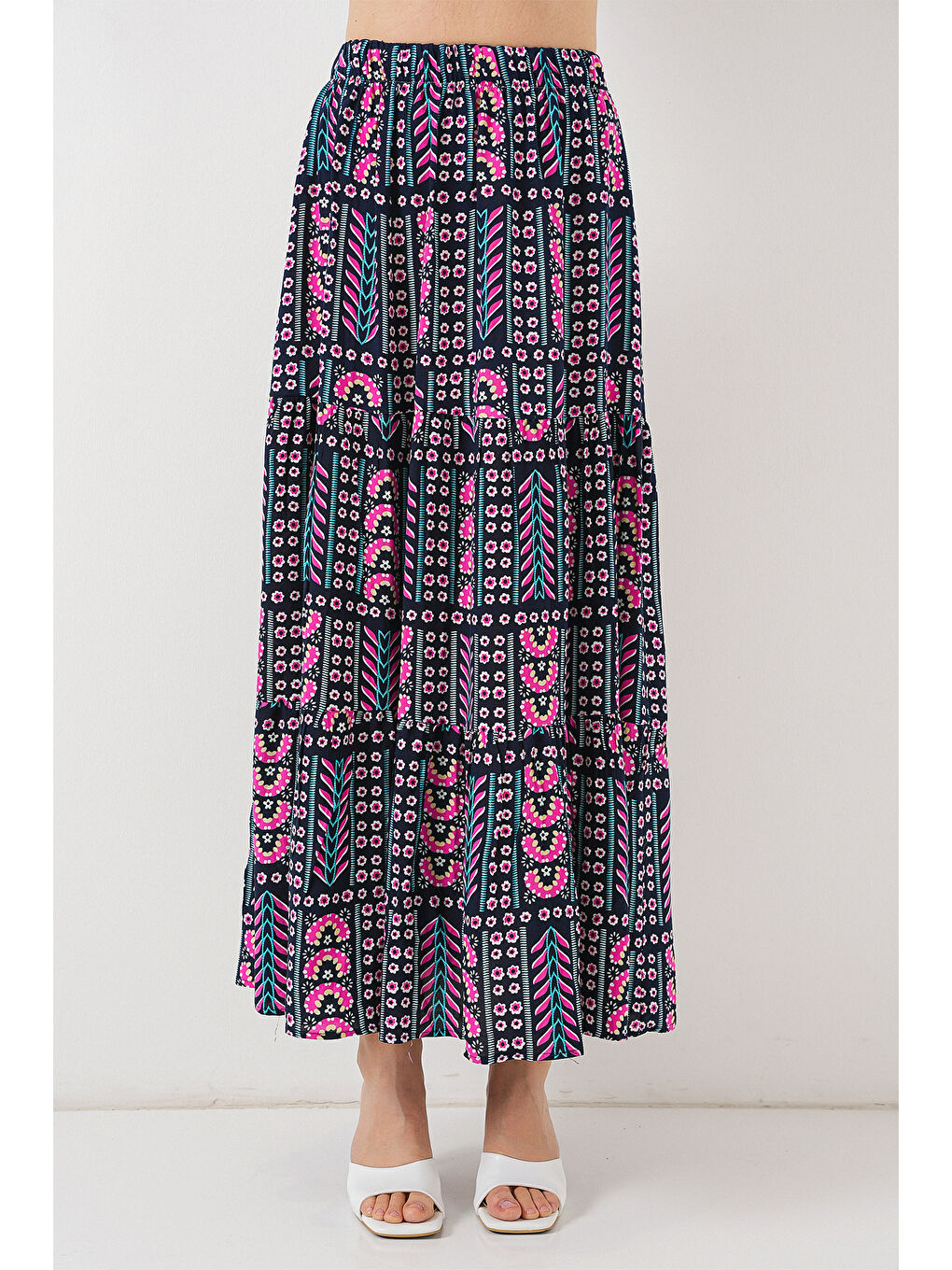 Kadın Desenli Uzun Etek 8053 - Lacivert-3