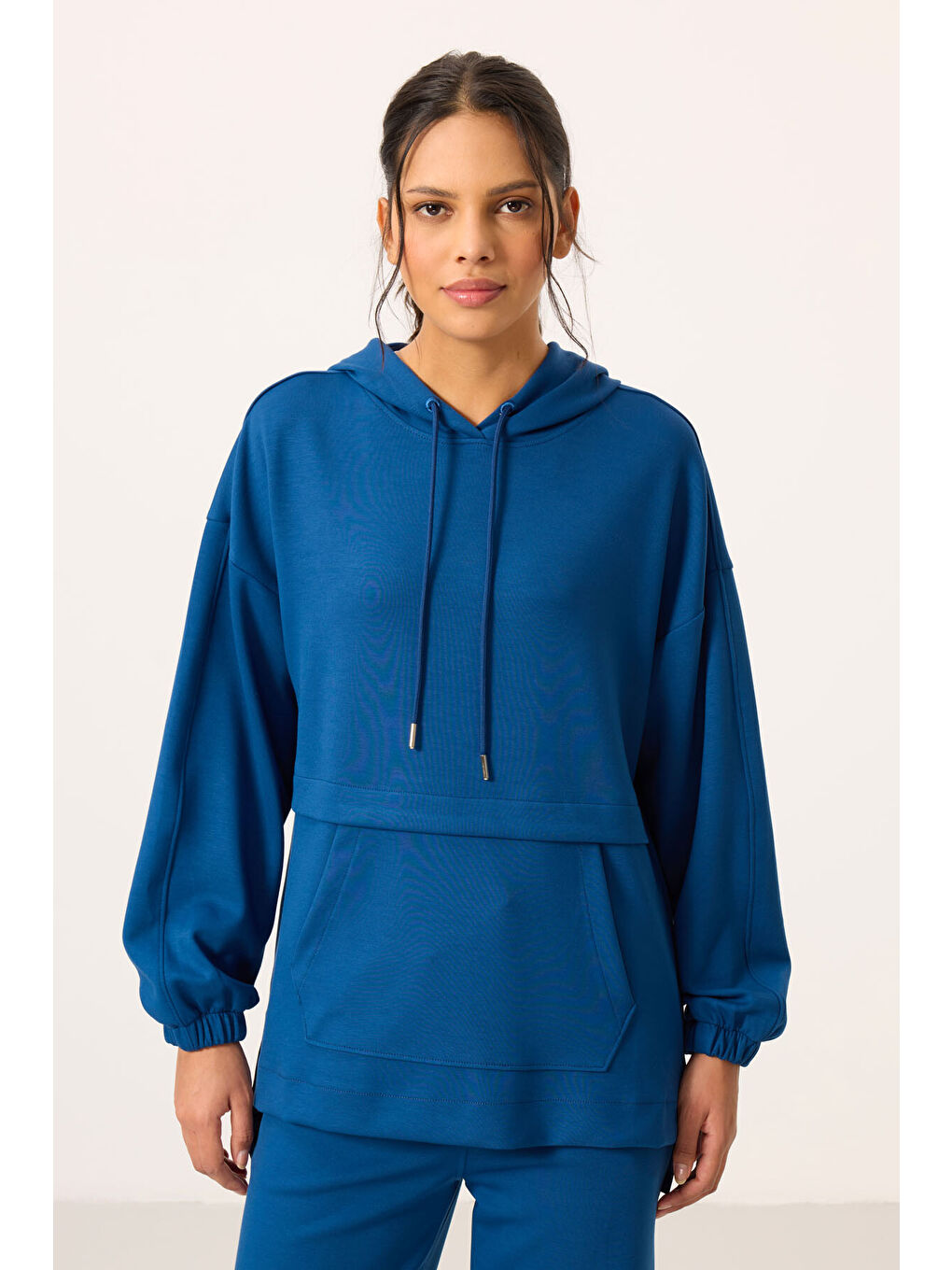 Mavi Parlament Yumuşak Dokulu Kapüşonlu Oversize Kadın Eşofman Tunik Takım   95348-4