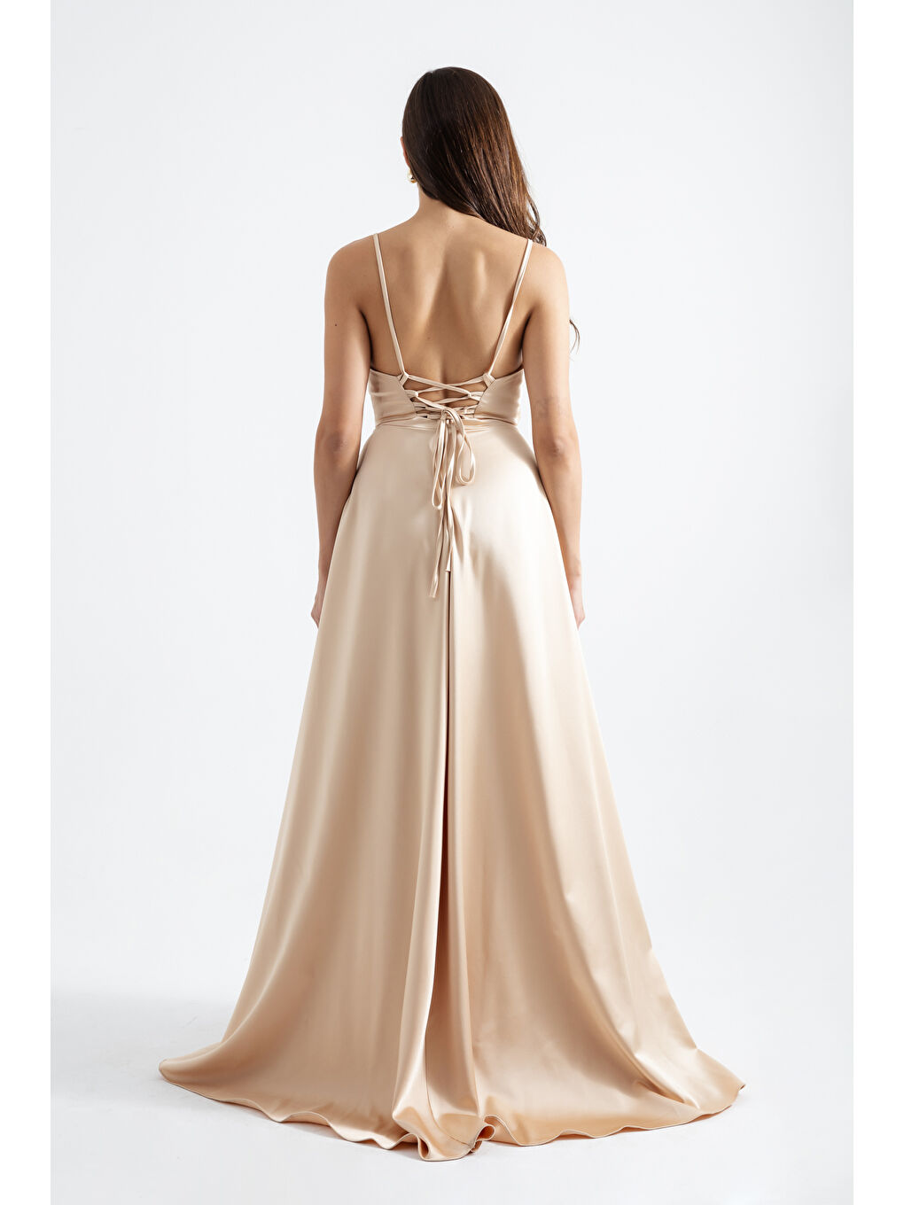 Sarı Kadın Gold Volanlı Yırtmaçlı Saten Abiye & Mezuniyet Elbisesi-4