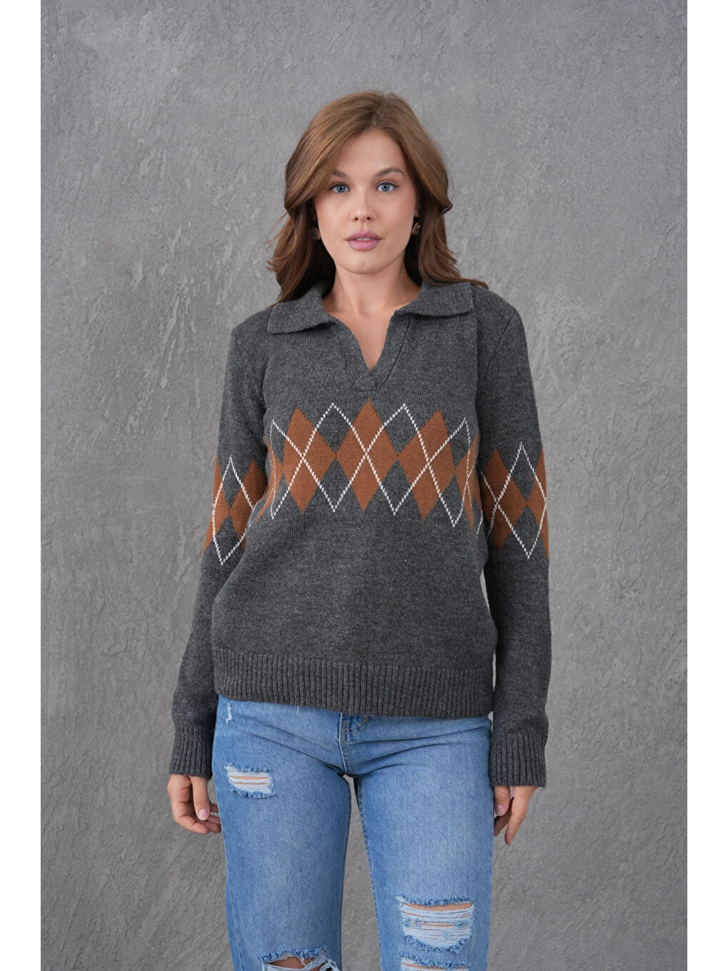 Antrasit Kadın Polo Yaka Desenli Yarım Pat Triko Kazak-4