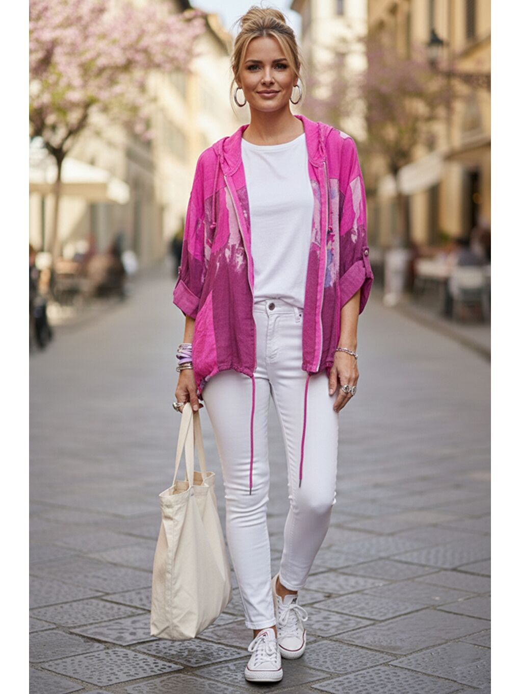 İtalyan Fuşya Kapüşonlu 3/4 Kol Fermuarlı Cepli Casual Keten Görünümlü Dokuma Ceket 68 65-5