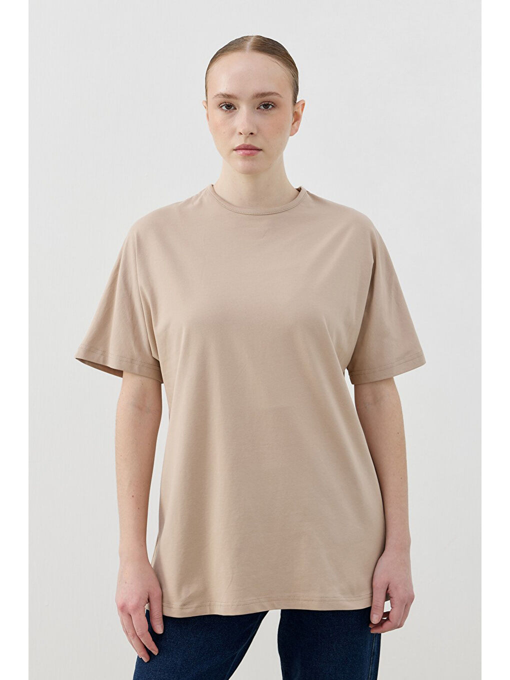 Bej Kısa Kol Basic Pamuklu Tişört 1809 Vizon