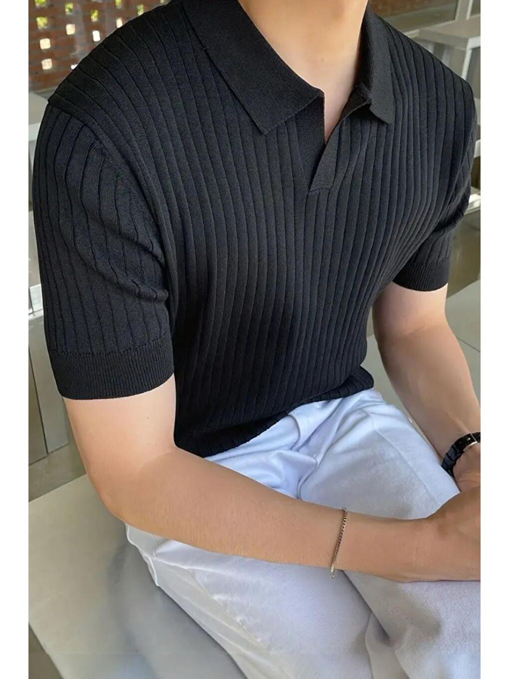 Oksit Siyah Lorens Çizgili Elastanlı Slim Fit Polo Yaka Örme Erkek Triko Tshirt