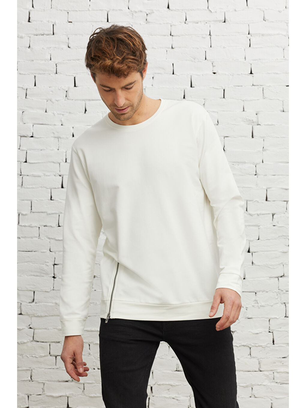 Erkek Ekru Standart Fit Normal Kesim Bisiklet Yaka Sweatshirt