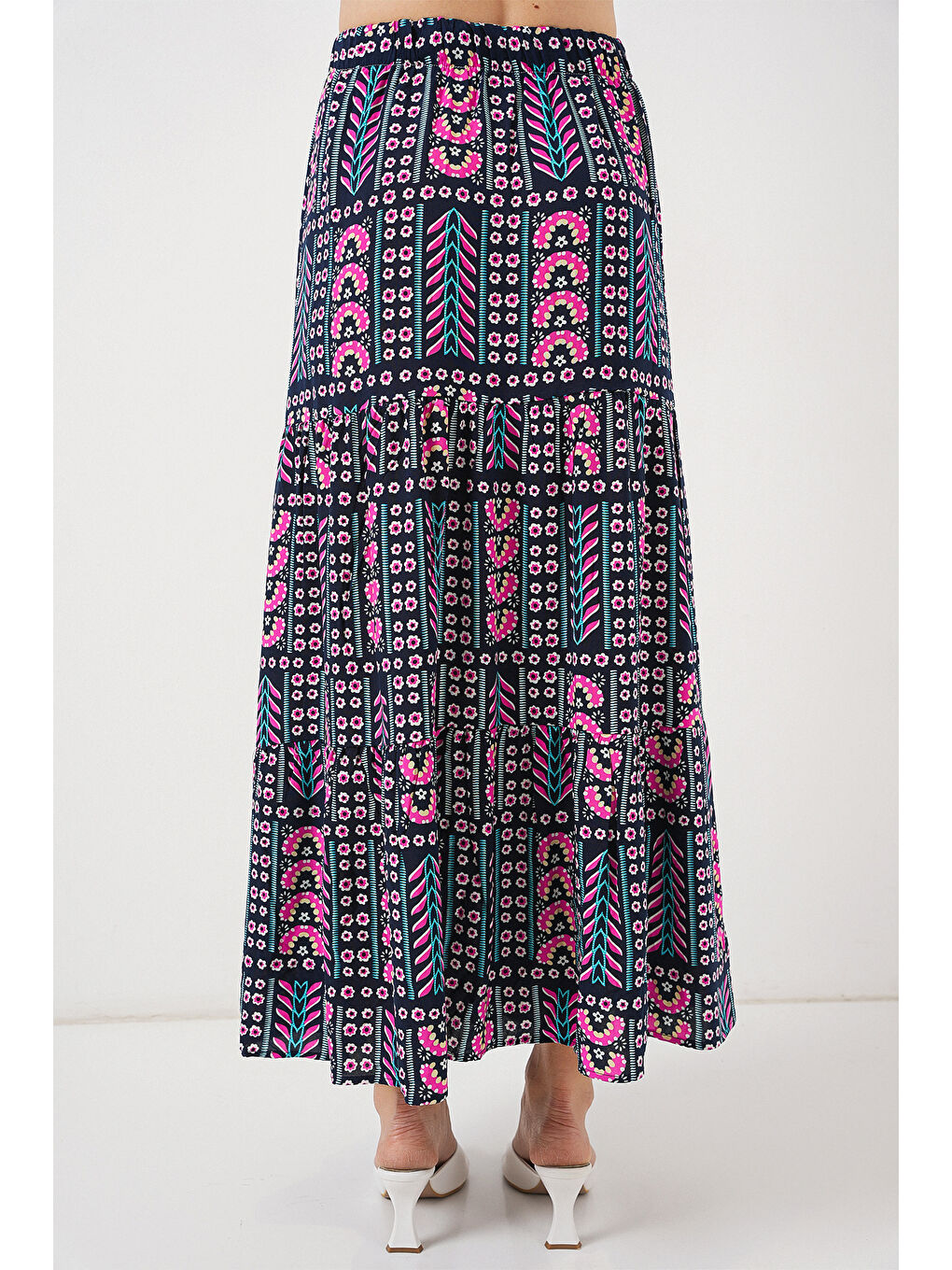 Kadın Desenli Uzun Etek 8053 - Lacivert-5