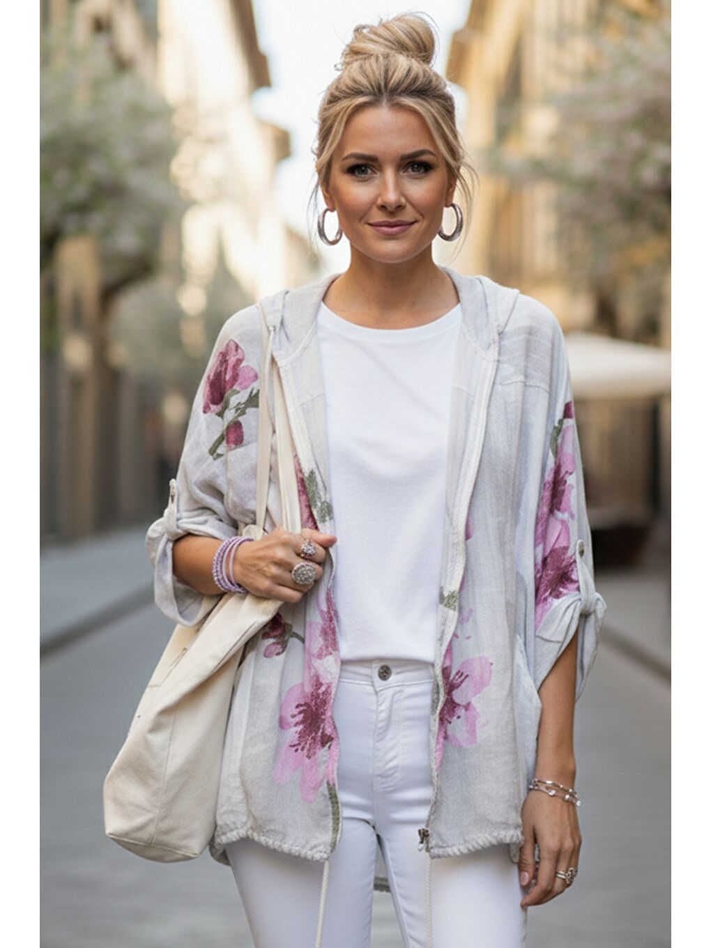 İtalyan Beyaz Kapüşonlu 3/4 Kol Fermuarlı Cepli Casual Keten Görünümlü Dokuma Ceket 68 65-1