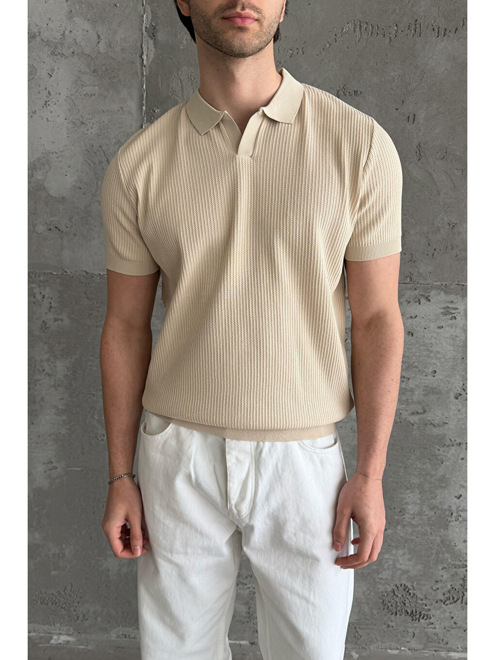 Bej Erkek Petek Desen Polo Yaka Triko T-shirt-2