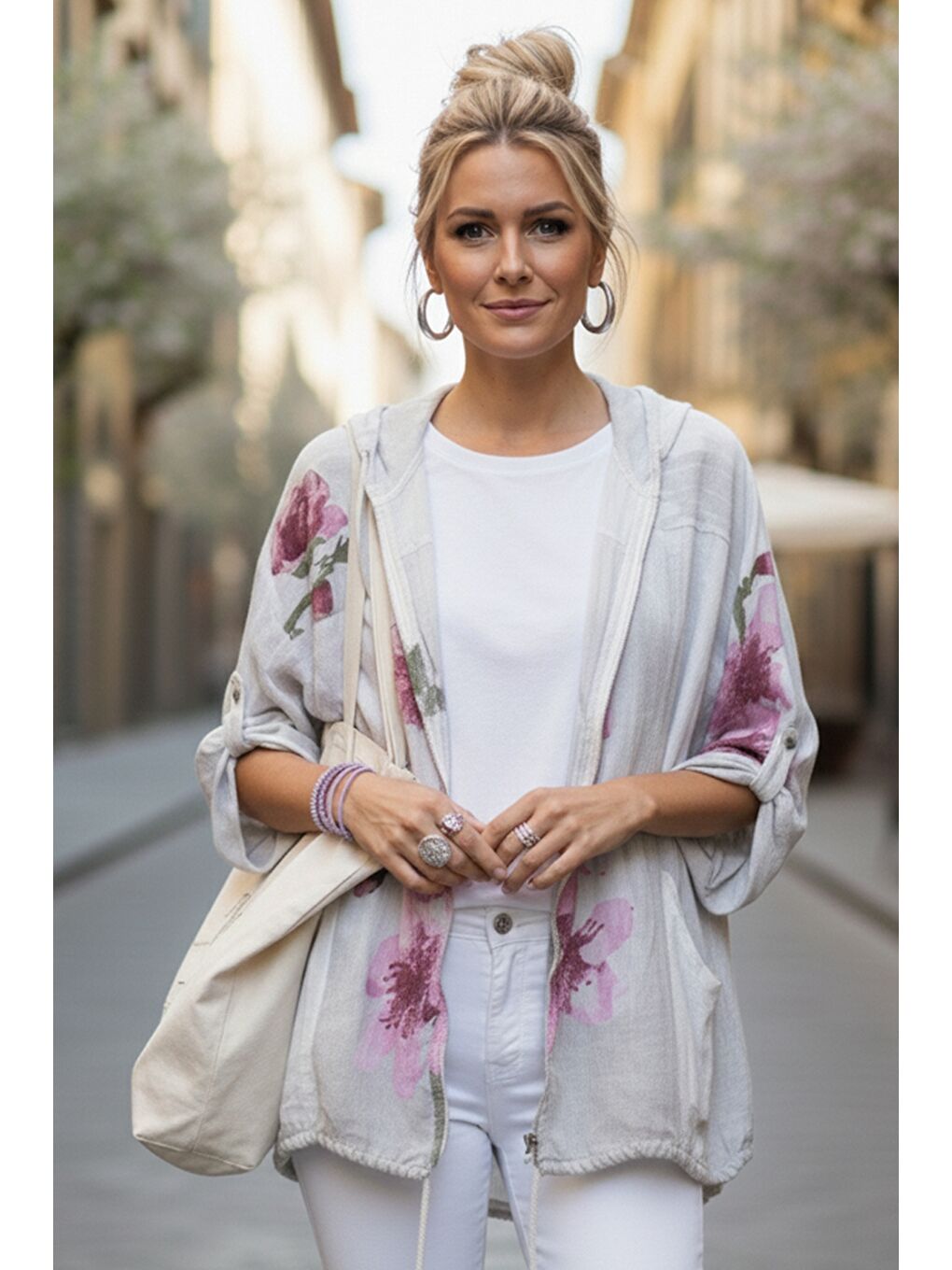 İtalyan Beyaz Kapüşonlu 3/4 Kol Fermuarlı Cepli Casual Keten Görünümlü Dokuma Ceket 68 65-2