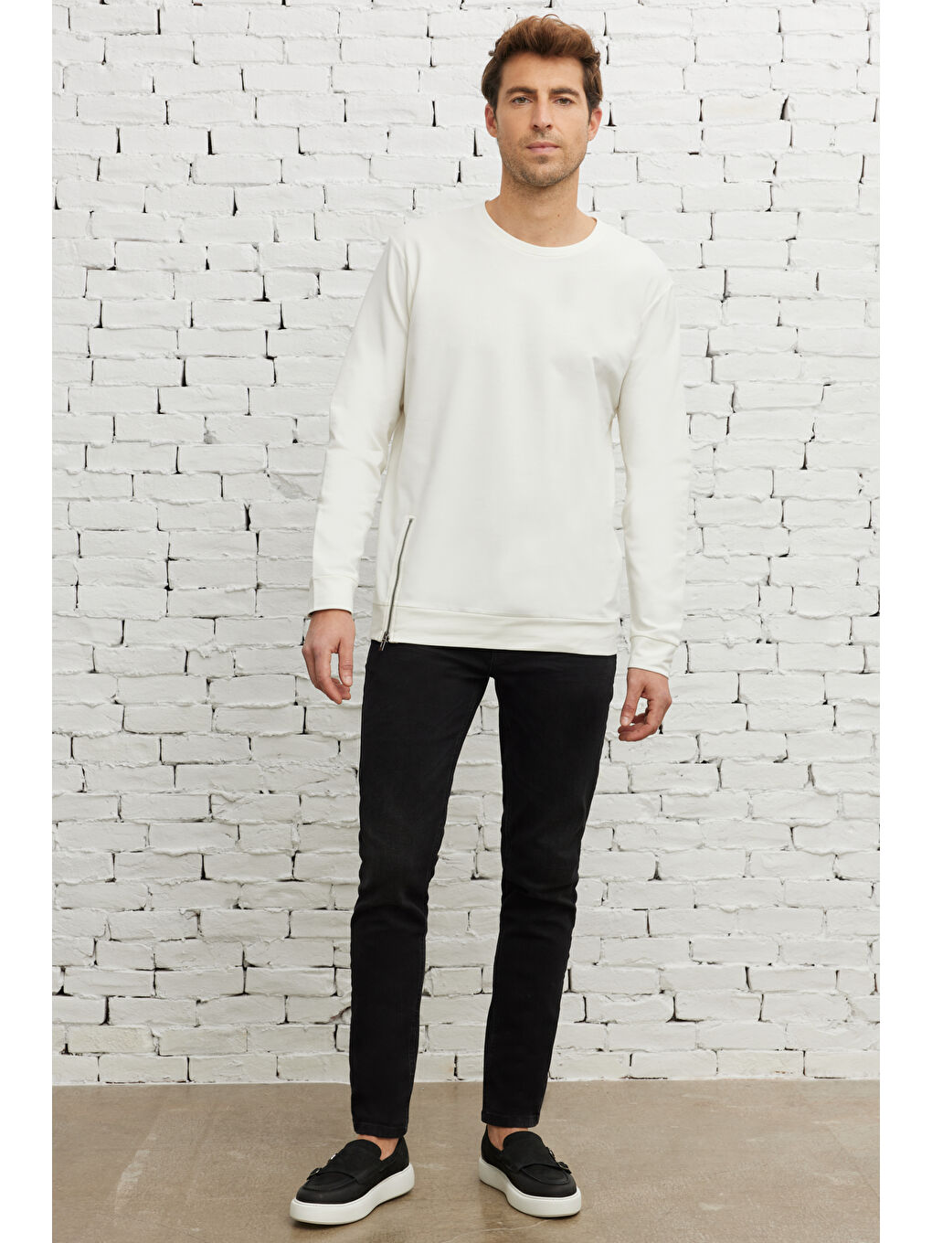 Erkek Ekru Standart Fit Normal Kesim Bisiklet Yaka Sweatshirt-1