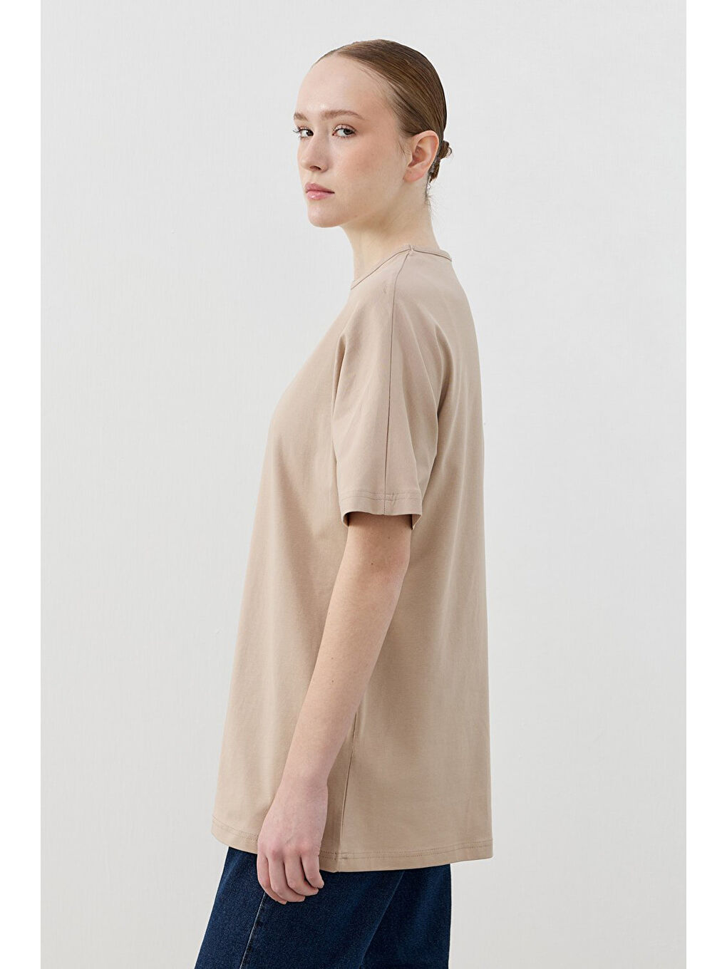 Bej Kısa Kol Basic Pamuklu Tişört 1809 Vizon-1