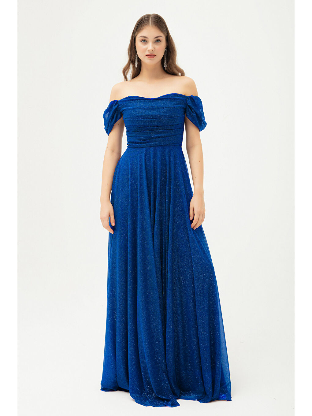 Mavi Kadın Saks Kayık Yaka Drapeli Uzun Simli Abiye Elbise