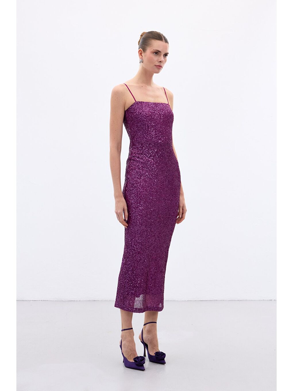 Askılı Uzun Payet Elbise - Mürdüm-2