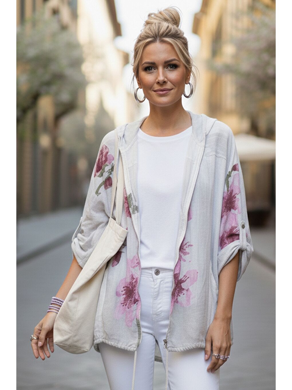 İtalyan Beyaz Kapüşonlu 3/4 Kol Fermuarlı Cepli Casual Keten Görünümlü Dokuma Ceket 68 65-3