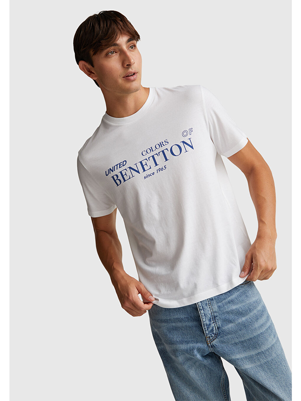 Erkek Beyaz %100 Pamuk Önü Logo Baskılı Relax Fit T-Shirt-4