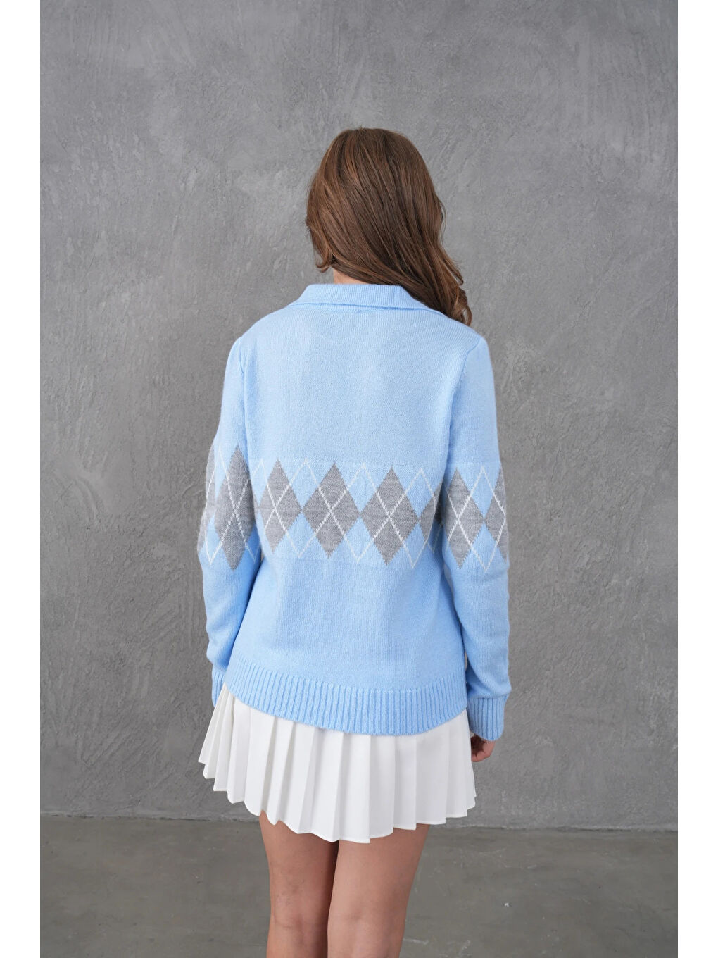 Mavi Kadın Polo Yaka Desenli Yarım Pat Triko Kazak-1