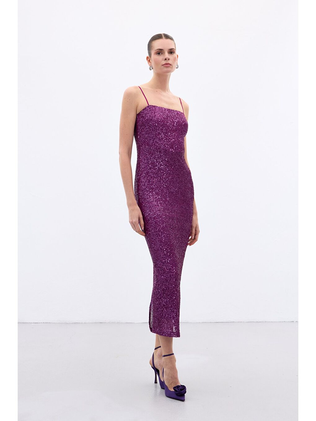 Askılı Uzun Payet Elbise - Mürdüm-3