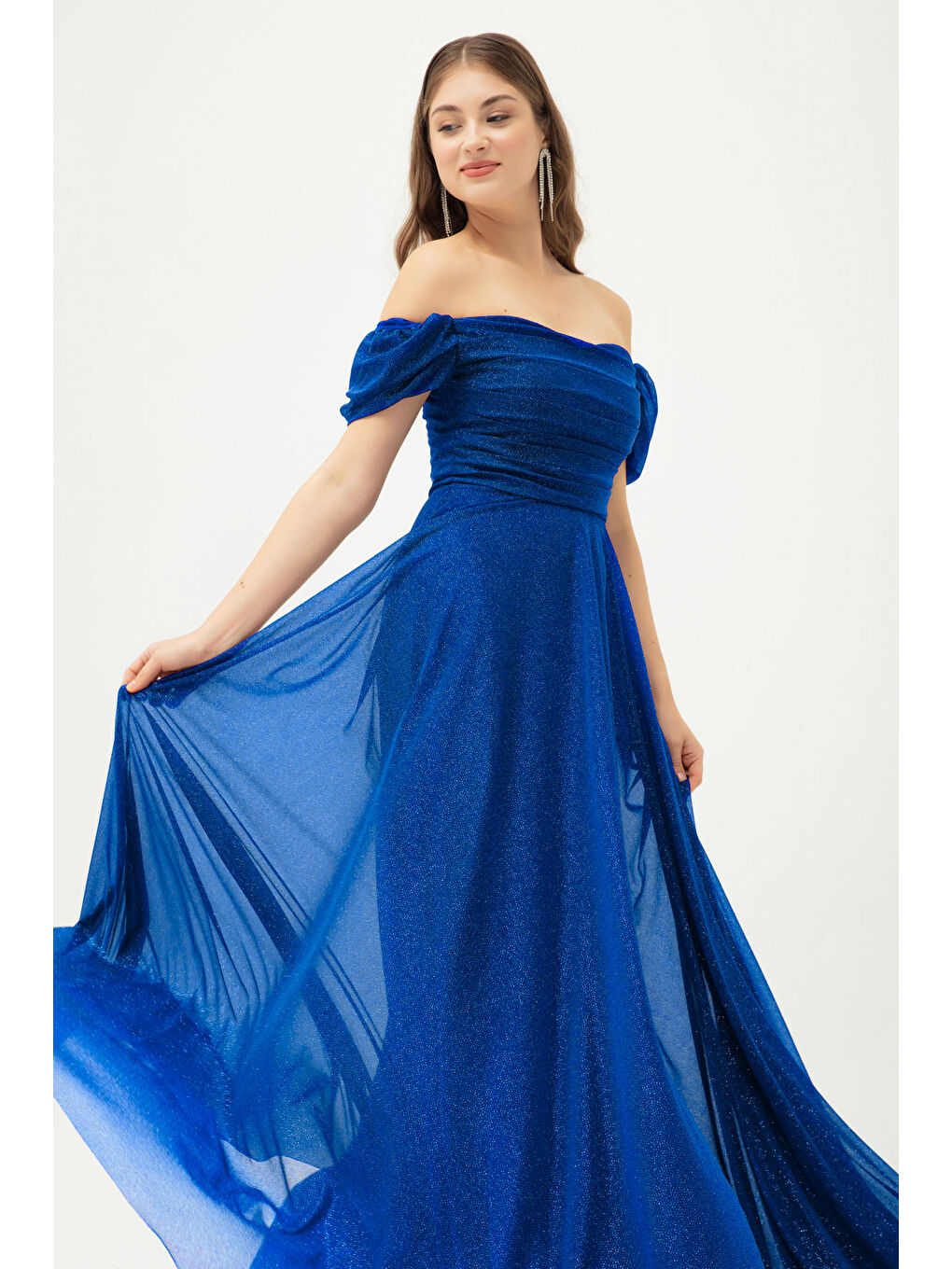 Mavi Kadın Saks Kayık Yaka Drapeli Uzun Simli Abiye Elbise-1