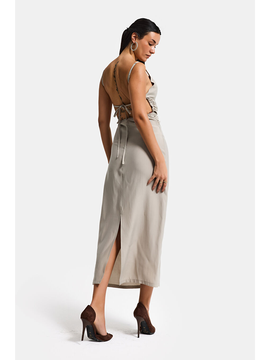 Bej Kadın Taş Renk s6-106 Maxi Boy Askılı Yırtmaçlı Özel Kumaş Elbise-2