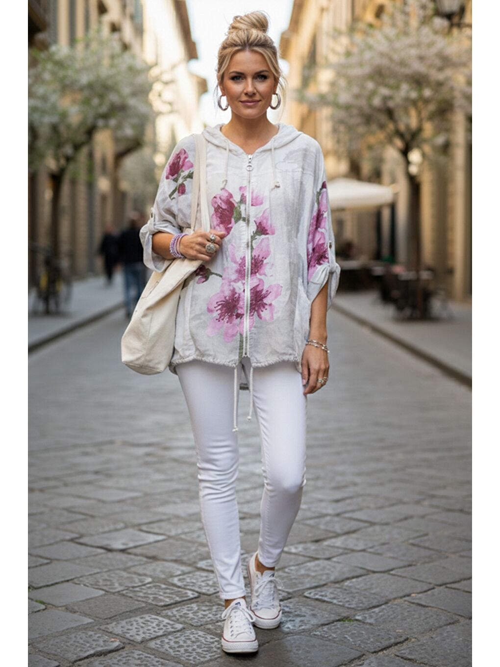 İtalyan Beyaz Kapüşonlu 3/4 Kol Fermuarlı Cepli Casual Keten Görünümlü Dokuma Ceket 68 65-4