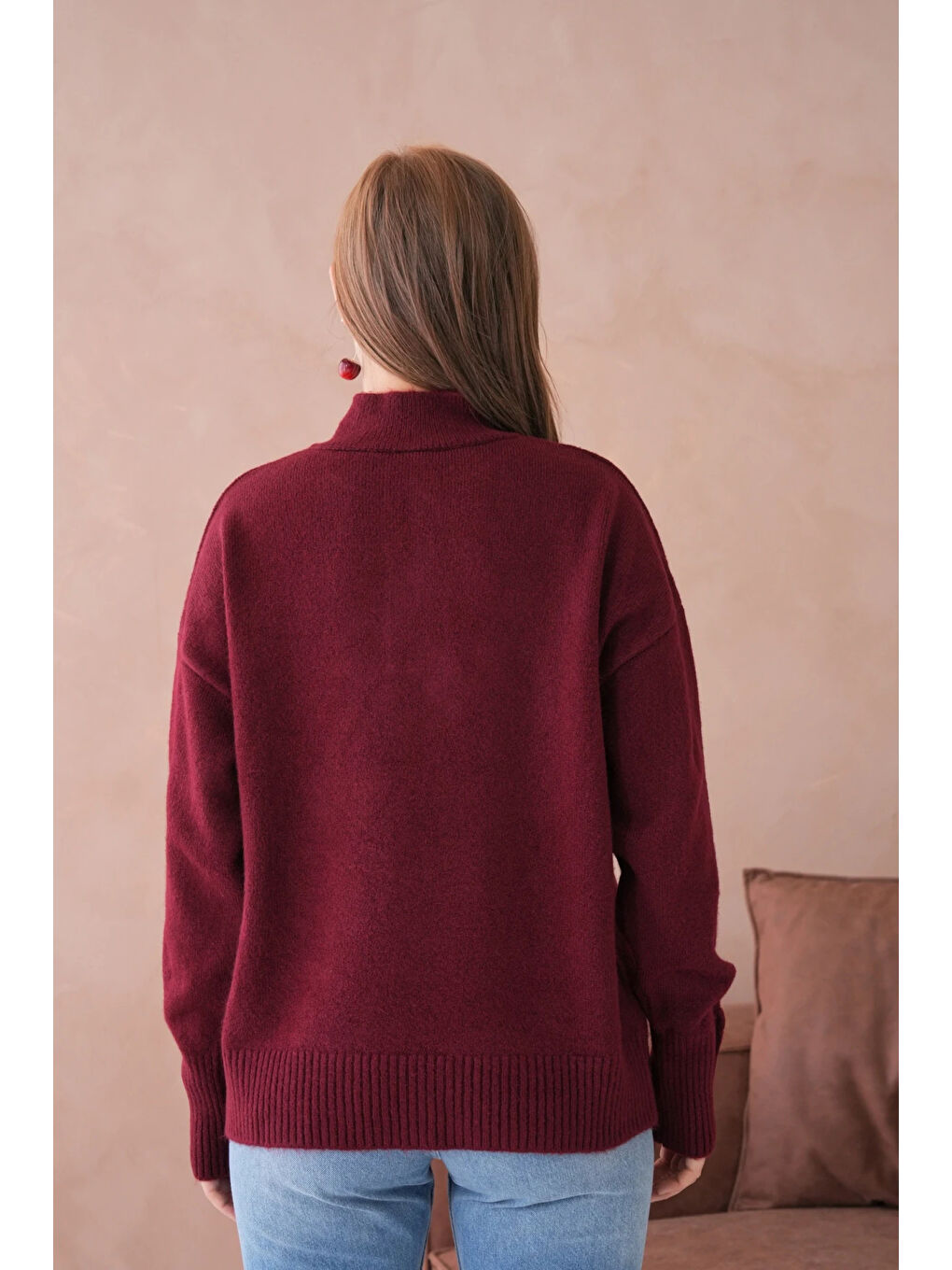 Bordo Kadın Dik Yaka Kolları Düğme Detaylı Yumuşak Dokulu Şardonlu Triko Kazak-3