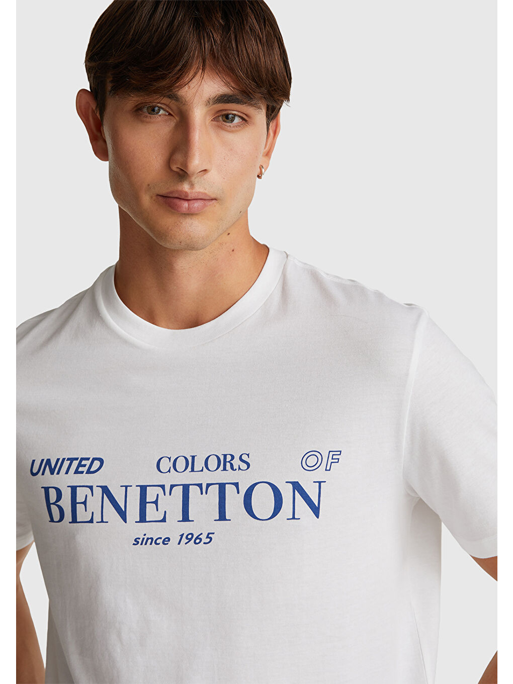 Erkek Beyaz %100 Pamuk Önü Logo Baskılı Relax Fit T-Shirt-5