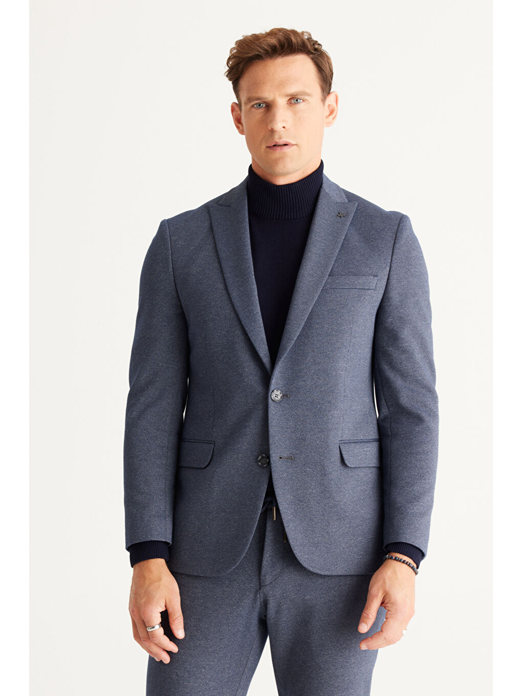 Erkek Lacivert-Gri Slim Fit Dar Kesim Kırlangıç Yaka Desenli Takım Elbise