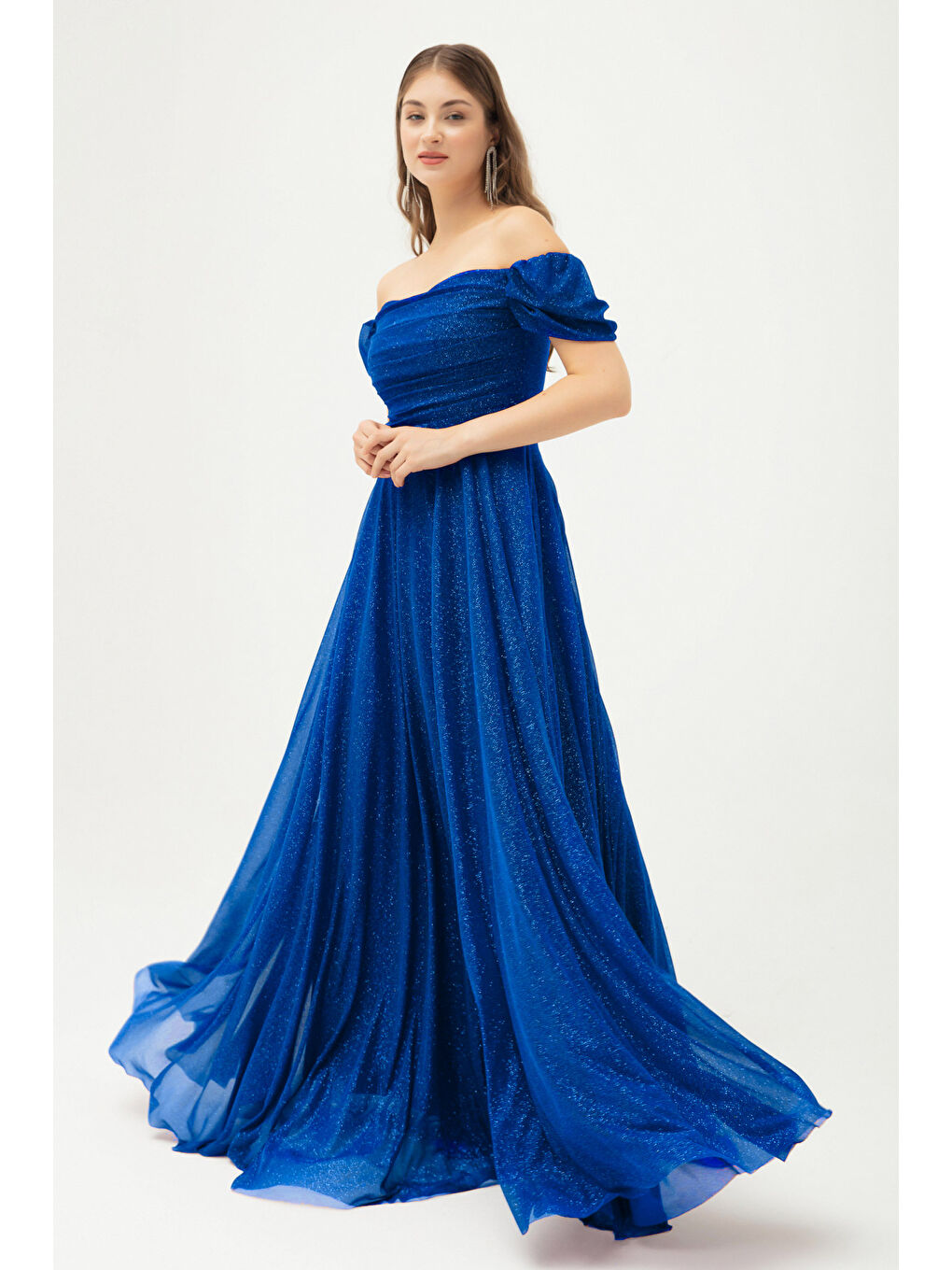 Mavi Kadın Saks Kayık Yaka Drapeli Uzun Simli Abiye Elbise-2