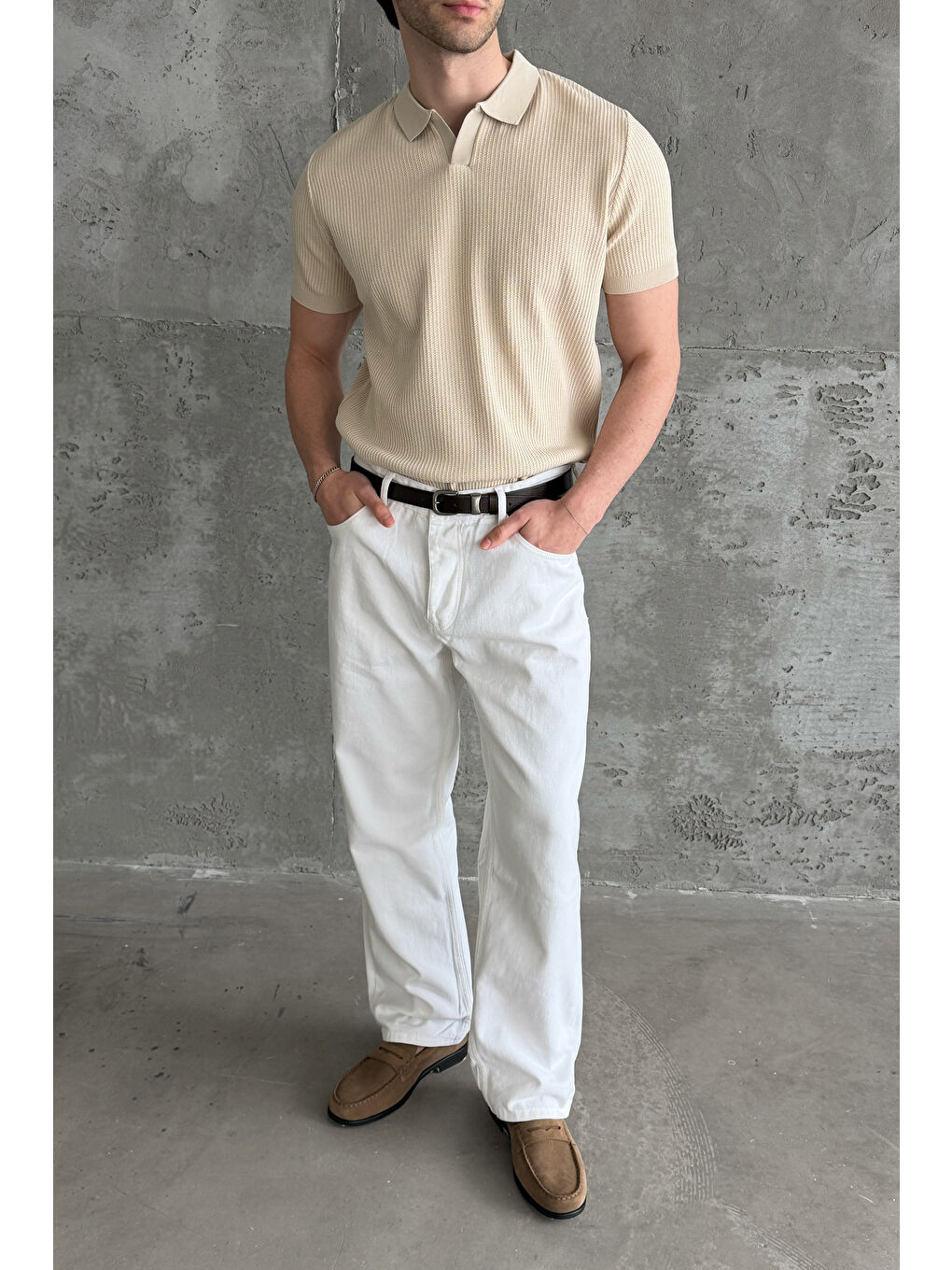 Bej Erkek Petek Desen Polo Yaka Triko T-shirt-3