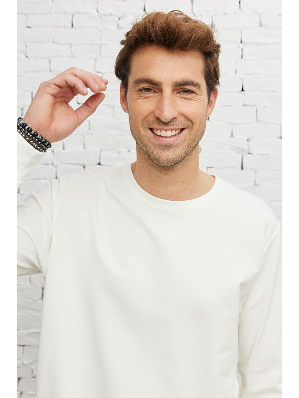 Erkek Ekru Standart Fit Normal Kesim Bisiklet Yaka Sweatshirt-3