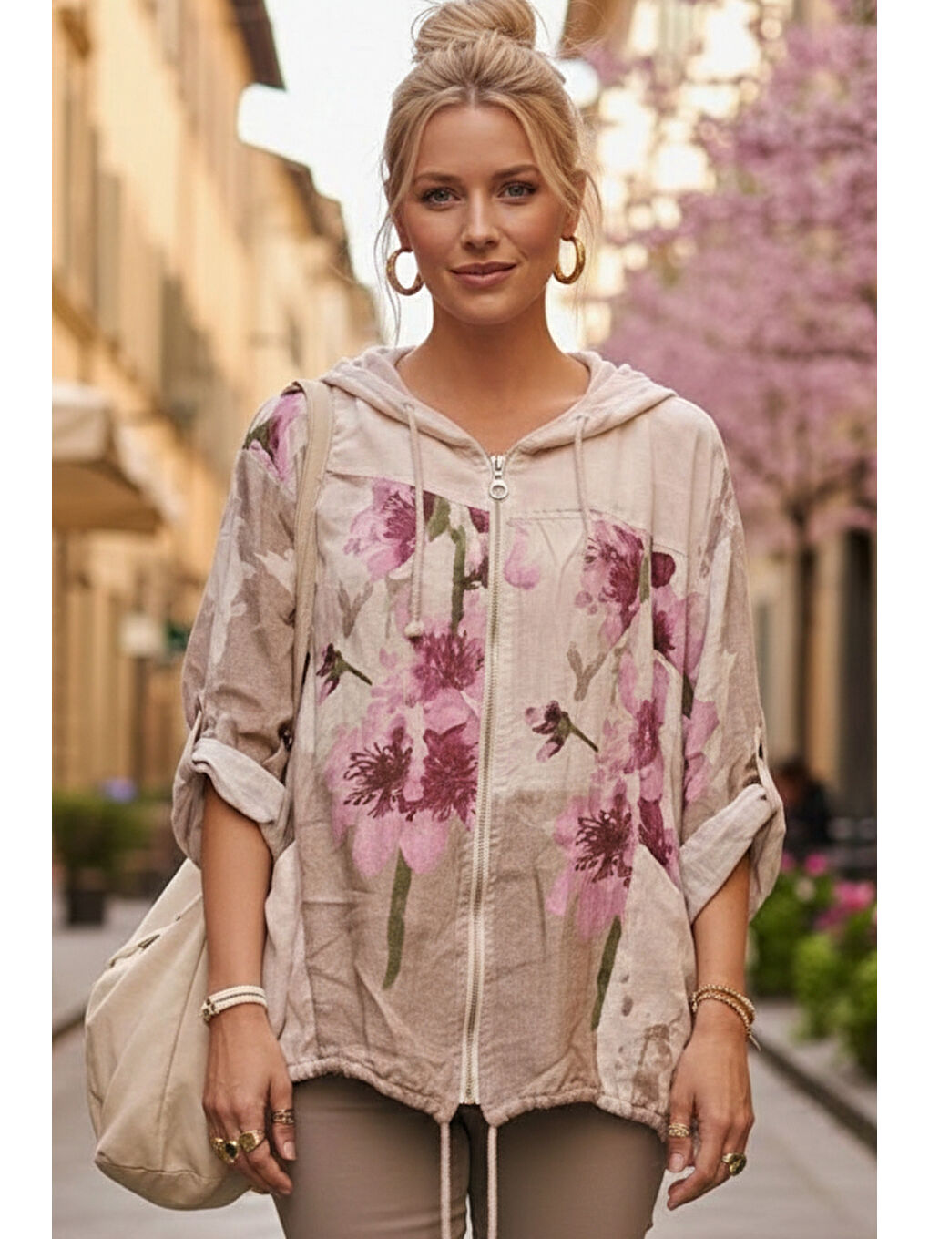 İtalyan Ekru Kapüşonlu 3/4 Kol Fermuarlı Cepli Casual Keten Görünümlü Dokuma Ceket 68 65