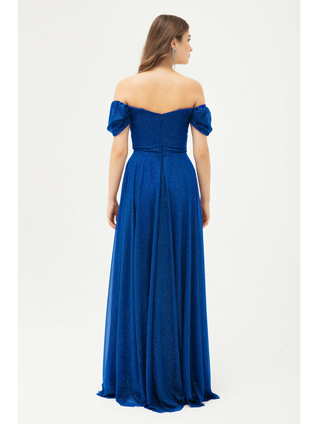 Mavi Kadın Saks Kayık Yaka Drapeli Uzun Simli Abiye Elbise-4