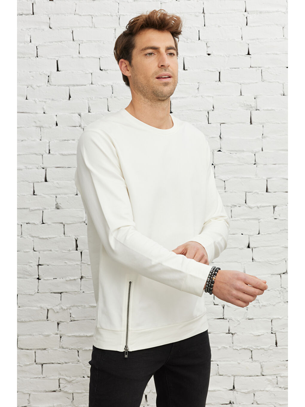 Erkek Ekru Standart Fit Normal Kesim Bisiklet Yaka Sweatshirt-4