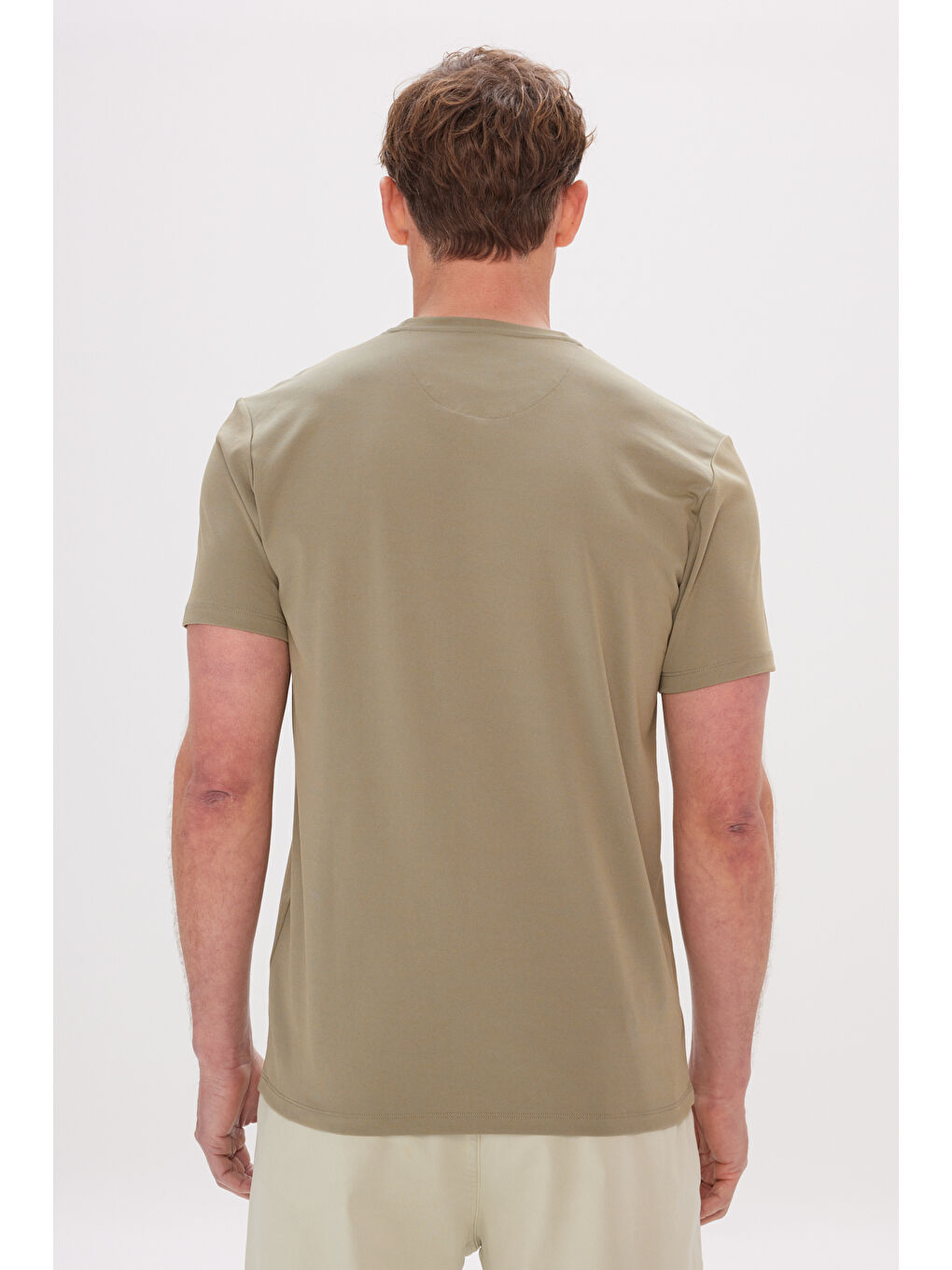 Erkek Haki Slim Fit Dar Kesim Bisiklet Yaka Pamuklu Tişört-4