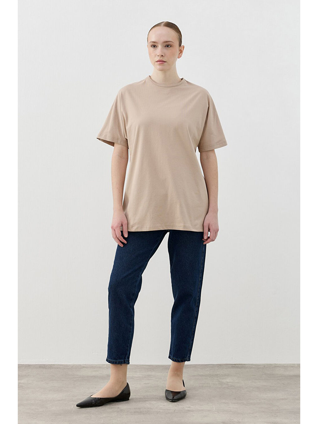 Bej Kısa Kol Basic Pamuklu Tişört 1809 Vizon-3