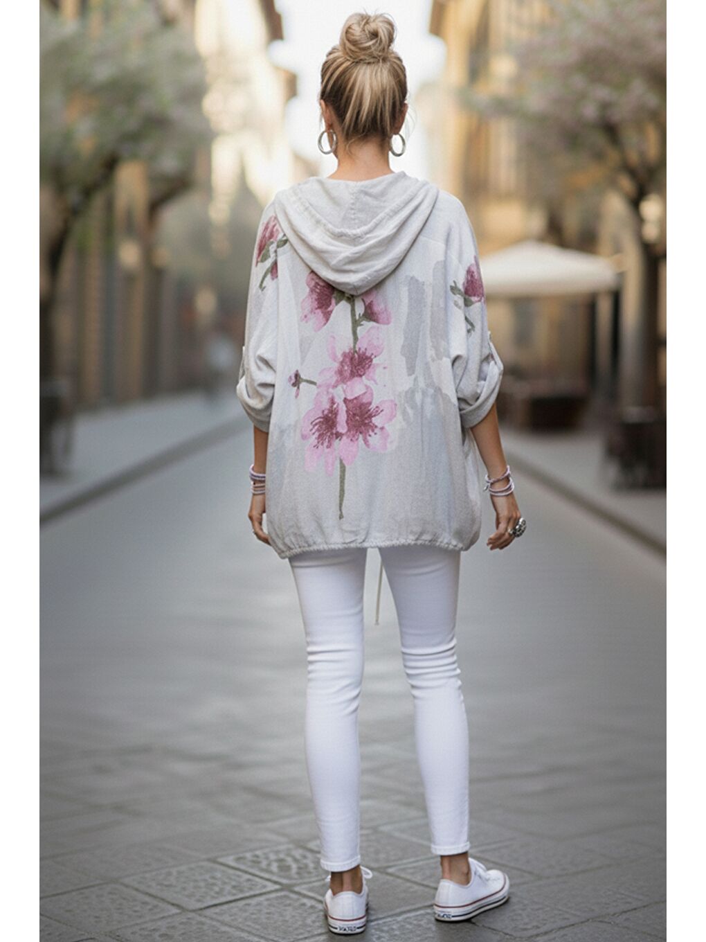 İtalyan Beyaz Kapüşonlu 3/4 Kol Fermuarlı Cepli Casual Keten Görünümlü Dokuma Ceket 68 65-6