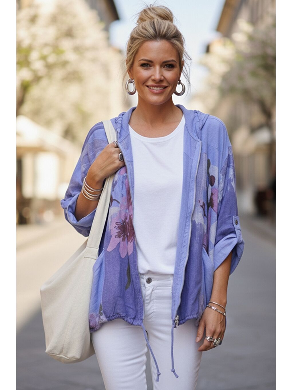 İtalyan Lavanta Mavisi Kapüşonlu 3/4 Kol Fermuarlı Cepli Casual Keten Görünümlü Dokuma Ceket 68 65-1