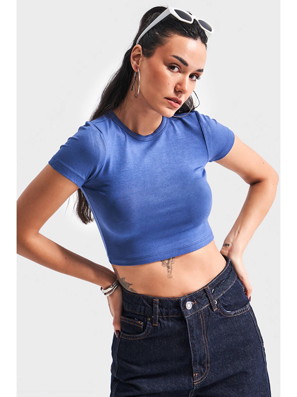 Kadın İndigo Renk S5 Süper Esnek Kumaş Crop Fit Top