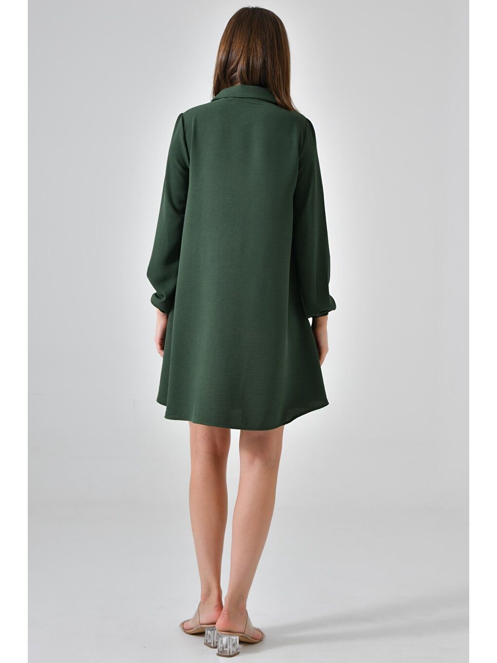 Koyu Haki Kadın Gömlek Yaka Ahşap Düğmeli Kolağzı Lastikli Aerobin Dokuma Tunik - Regular Fit-7