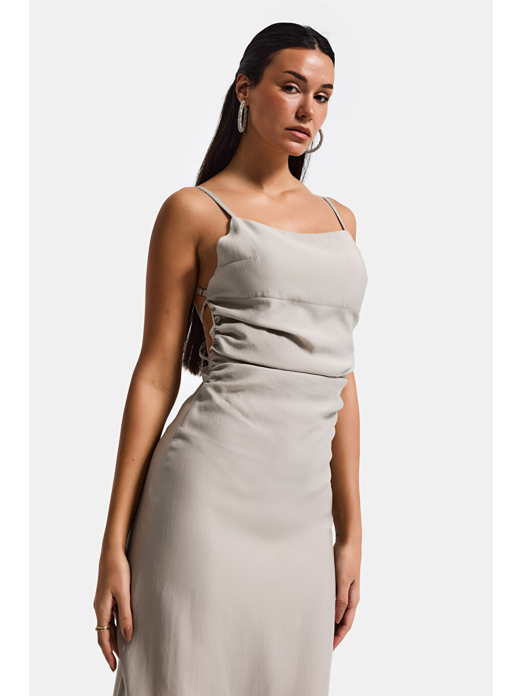 Bej Kadın Taş Renk s6-106 Maxi Boy Askılı Yırtmaçlı Özel Kumaş Elbise-3