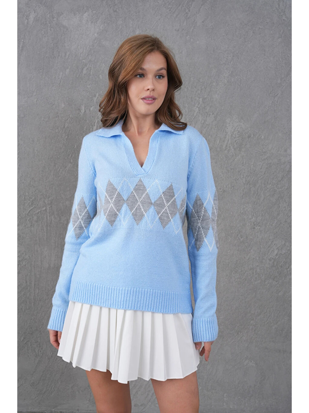 Mavi Kadın Polo Yaka Desenli Yarım Pat Triko Kazak-2