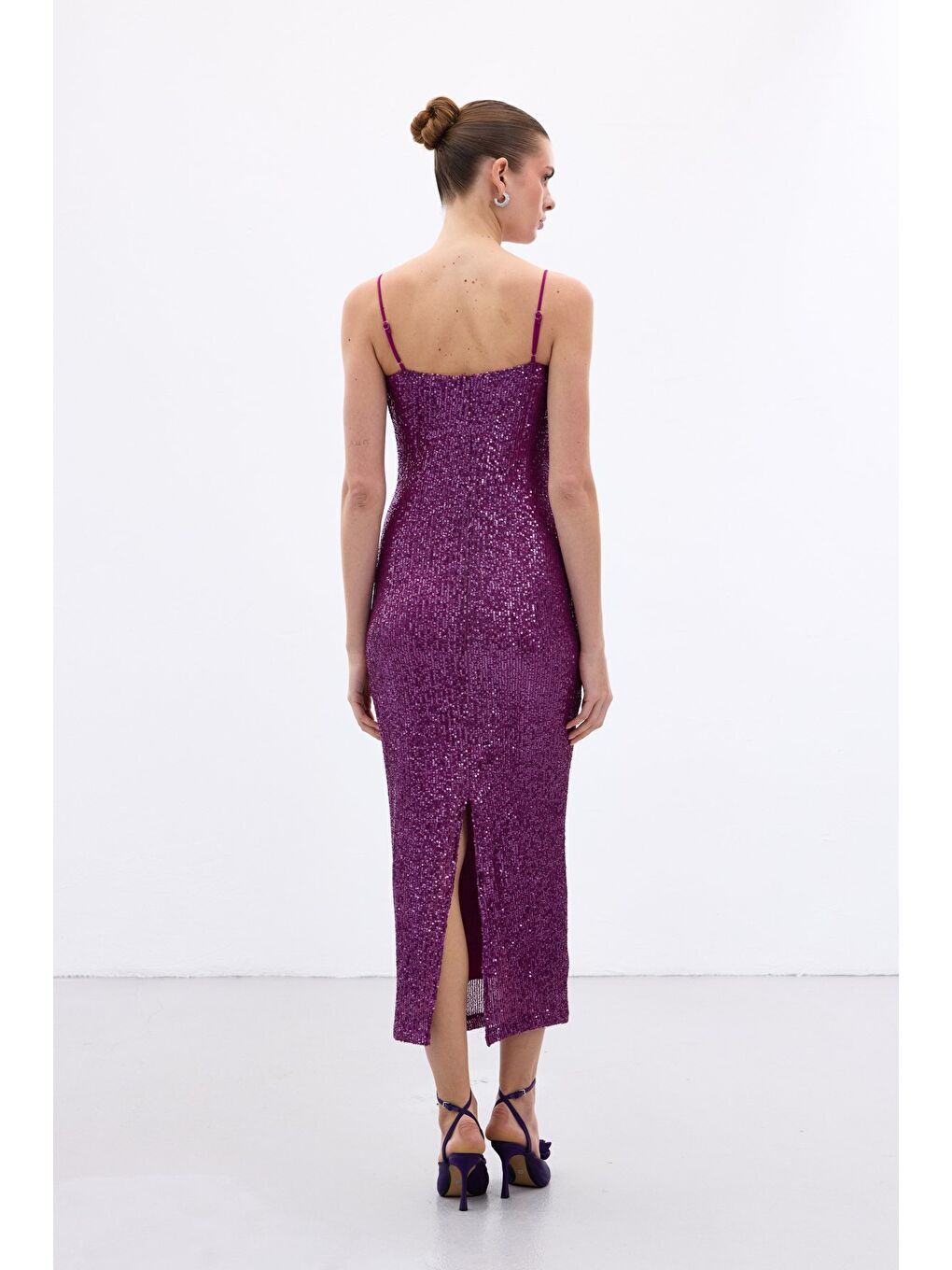 Askılı Uzun Payet Elbise - Mürdüm-7